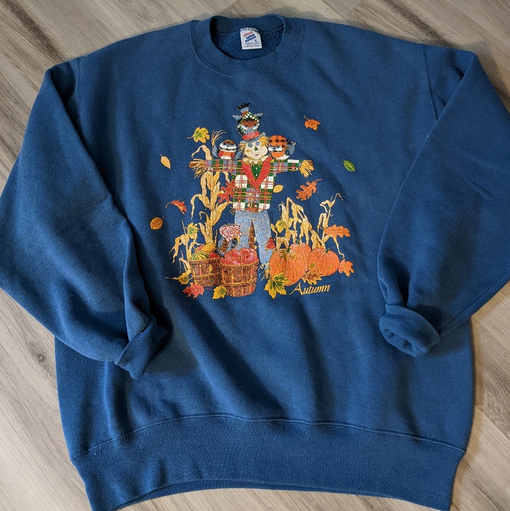 Vtg Autumn Fall Scarecrow Pumpkin Patch‎ Sweatshirt Jerzees USA size L